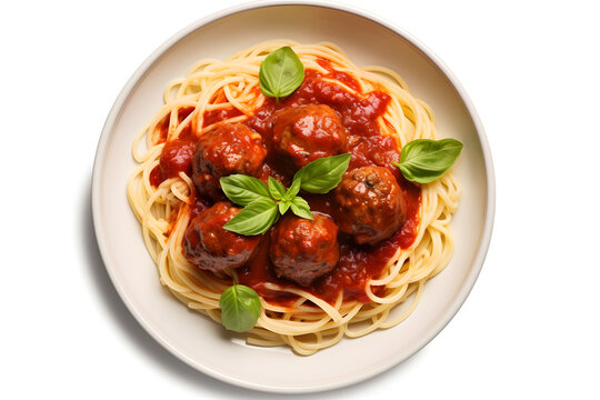 Delicious Plate Of Spaghetti And Meatballs Isolated On White