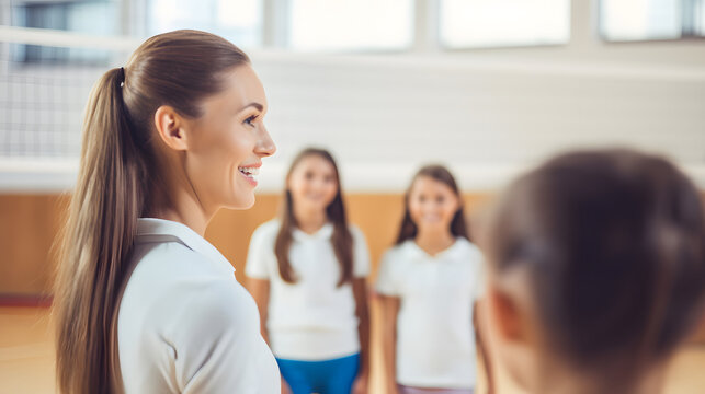 Female volleyball coach talking to student on training - Powered by Adobe