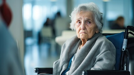 An elderly person is in pain sitting on a chair in a hospital room