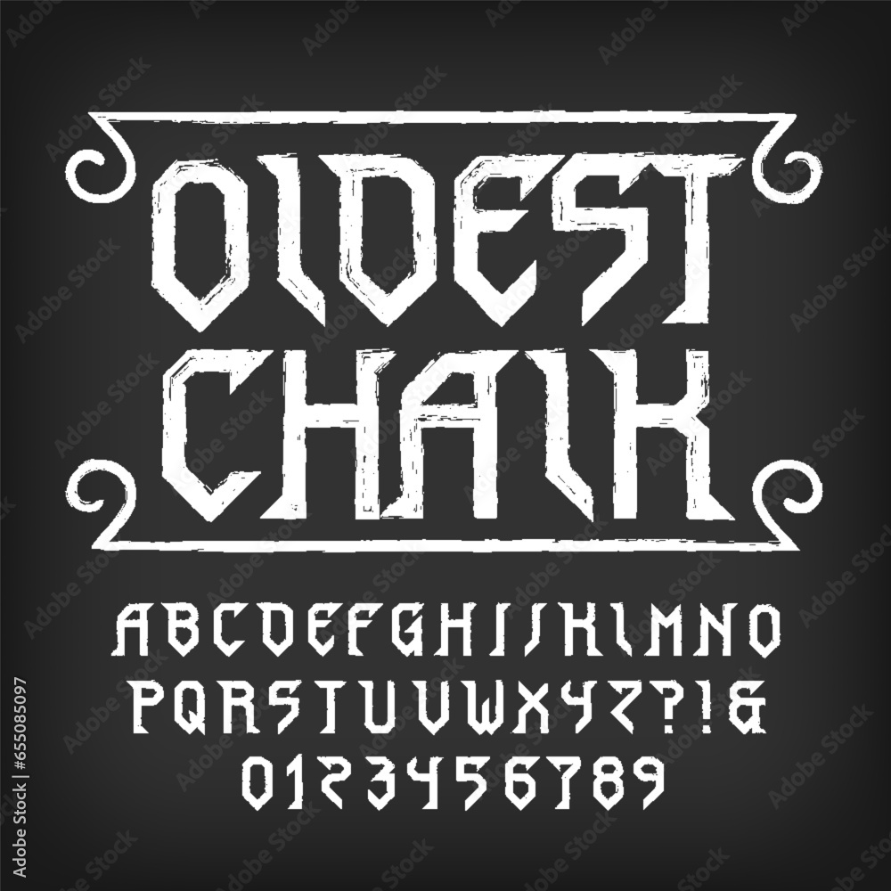 Poster old chalk alphabet font. ancient letters, numbers and symbols. stock vector typeface for your design
