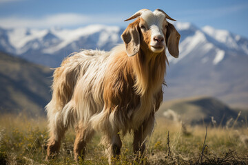 The goat is standing on the green field, mountain background .