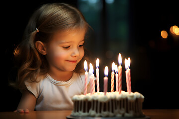 Cute little girl blowing out the candles on a birthday cake at home, Happy little girl celebrating her birthday