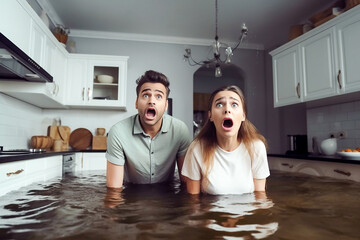 There is a flood in the apartment. A young couple in shock stands in an apartment waist-deep in water. Flood concept. The roof is leaking, a pipe has burst in the house. - obrazy, fototapety, plakaty