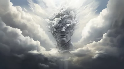 Tuinposter HUMAN SOUL CALMED IN THE CLOUDS SURREAL ILLUSTRATION. AI generated © PETR BABKIN