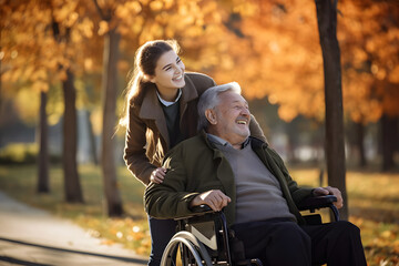 Happy daughter pushing senior man in wheelchair outdoor in autumn park - obrazy, fototapety, plakaty