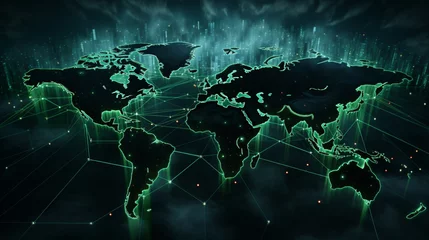 Tableaux ronds sur aluminium Carte du monde Explore the green world map adorned with a captivating glow of the global network light. 