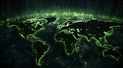 Explore the green world map adorned with a captivating glow of the global network light.	