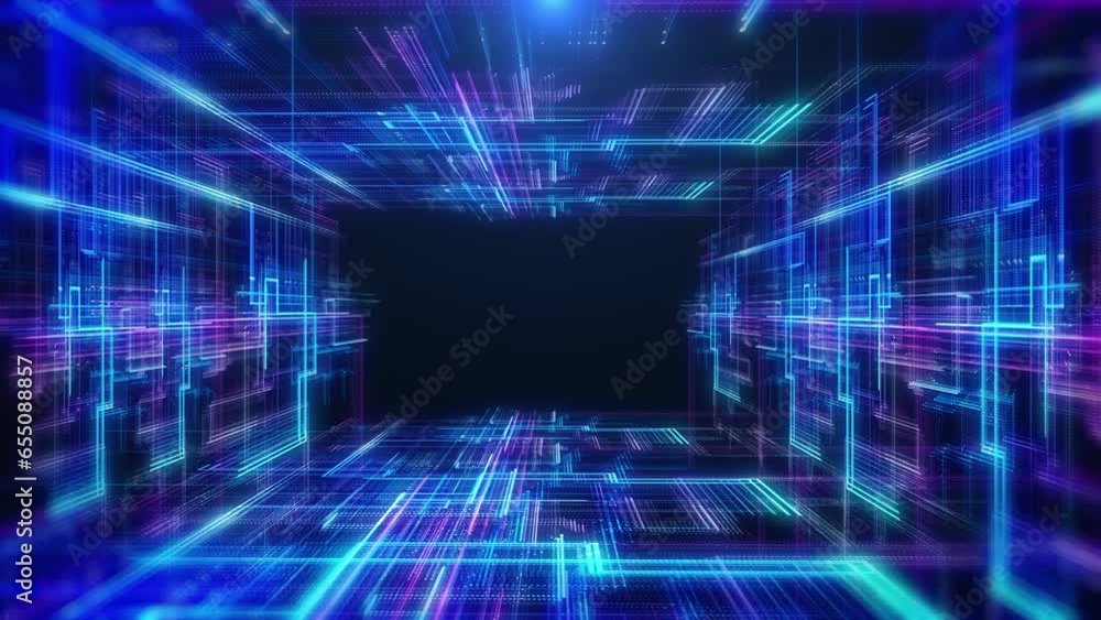 Poster Technology digital rectangular tunnel grid flying through space 4K motion background.