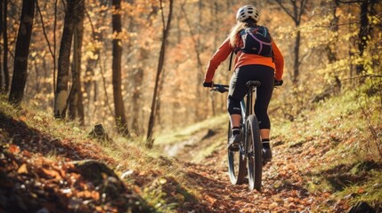 Fototapeta premium Woman riding a mountain bike rides a bicycle in a mountain forest with colorful leaves.