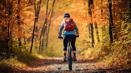 Fototapeta premium Woman riding a mountain bike rides a bicycle in a mountain forest with colorful leaves.