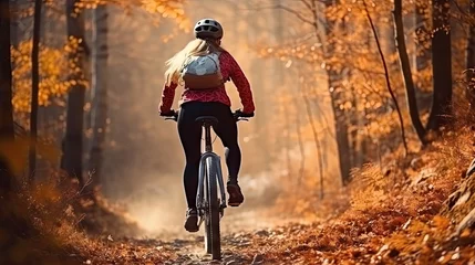Tuinposter Woman riding a mountain bike rides a bicycle in a mountain forest with colorful leaves. © somchai20162516