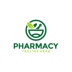 pharmacy logo circle smile vector . illustration of herbal leaves of mortar and pestle for pharmacies, medicine and herbal shop and clinic design template