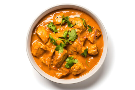 Delicious Bowl of Indian Chicken Korma Curry Isolated on a white Background
