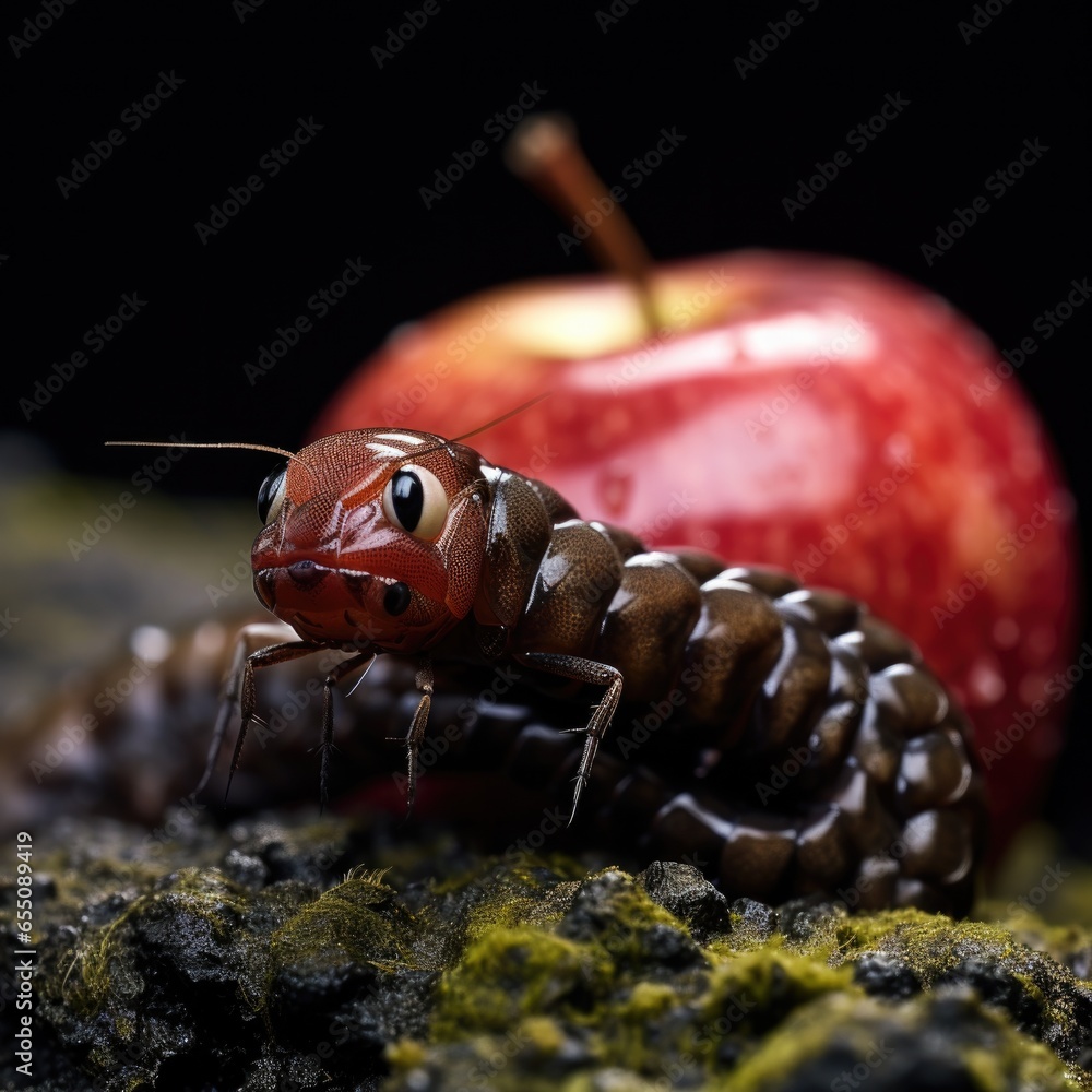 Poster a close up of a bug near an apple. generative ai.
