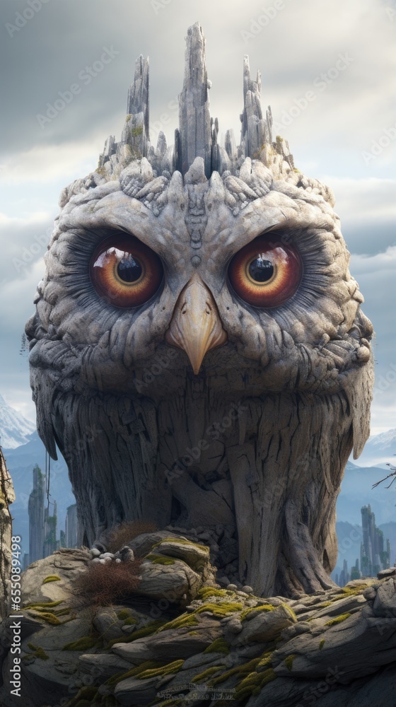 Poster an owl statue with a castle in the background. generative ai.