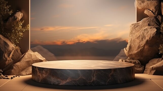 Photo of stone podium display background with natural texture and warm lighting, exuding minimalist elegance perfect for product photography - Created with AI technology