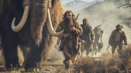A group of neandertal men with long tusks walking down a dirt road with a mammoth. Generative AI. - obrazy, fototapety, plakaty