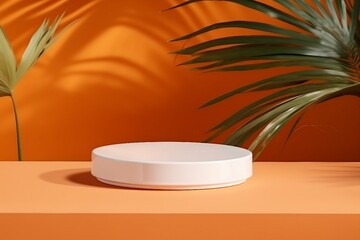 3D pedestal podium, orange background with palm tree leaves shadow. Summer holiday beauty, cosmetics, product platform display mockup. Natural 3D render Halloween, autumn minimal trendy, generative ai