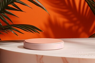 Obraz premium 3D pedestal podium, orange background with palm tree leaves shadow. Summer holiday beauty, cosmetics, product platform display mockup. Natural 3D render Halloween, autumn minimal trendy, generative ai