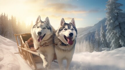 A pair of energetic husky dogs drag a sled across the icy countryside, their endless enthusiasm contributing to the winter adventure.