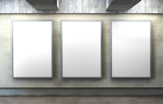 White plain empty blank indoor vertical subway station backlit vertical poster banner advertising sign
