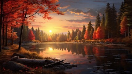 A peaceful and welcoming view of a quiet lake surrounded by autumn-colored trees as the sun sets in a blaze of warm colors.
