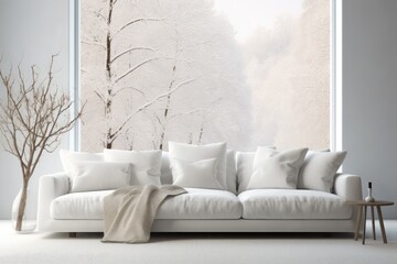 a minimalist sofa with the feel of soft wool. Its hue is a clean, snowy white, Nordic interiors asi generative