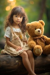 A little girl sitting on a log with a teddy bear,a child sitting on a log with a teddy bear