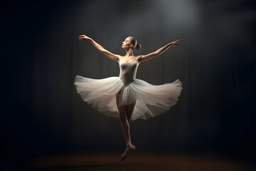 A captivating shot of a graceful ballerina mid-leap, defying gravity. - obrazy, fototapety, plakaty