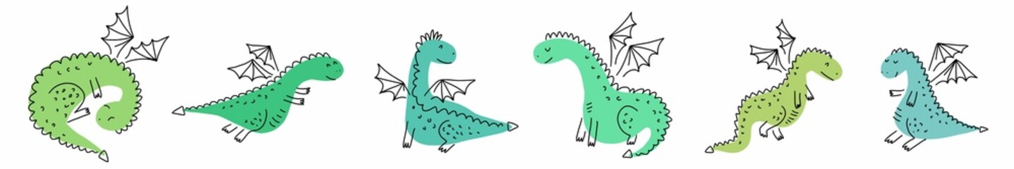 Illustration of a collection of dragons drawn by hand in the style of doodles