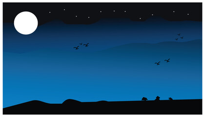 View of the night sky on a dim and beautiful hill. Accompanied by silhouettes of birds on the hill at night and shining moonlight, vector illustration.