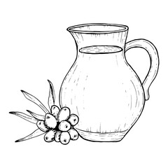 Juice jug with sea buckthorn berries and leaves vector black and white line illustration. Hippophae herbal organic drink in glass pitcher sketch