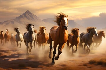 A majestic herd of wild horses galloping freely across a vast, open prairie.