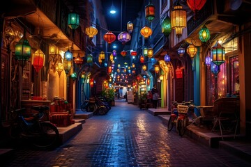 Fototapeta na wymiar A vibrant, bustling street in Marrakech, illuminated by colorful lanterns.