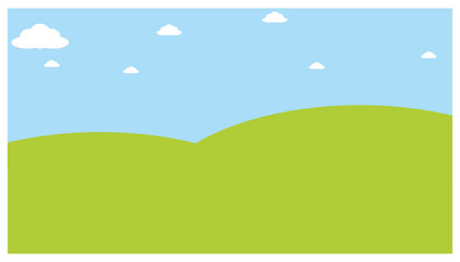 Obraz premium Blue sky background with hills and clouds. Vector illustration in flat cartoon style. The background is a bright blue sky with clouds floating over the hills