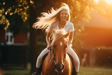 Girl enjoying horseback riding in the park