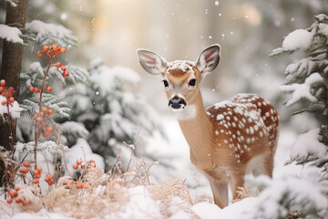 Cute deer in a snowy forest on the background of Christmas trees and snowfall. New year Festive Atmosphere concept.