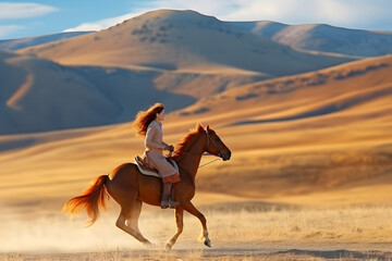 Girl enjoying horseback riding in the countryside
