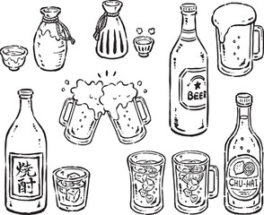 ビール・酎ハイ・日本酒・焼酎のビンとグラス　手描き線画セット