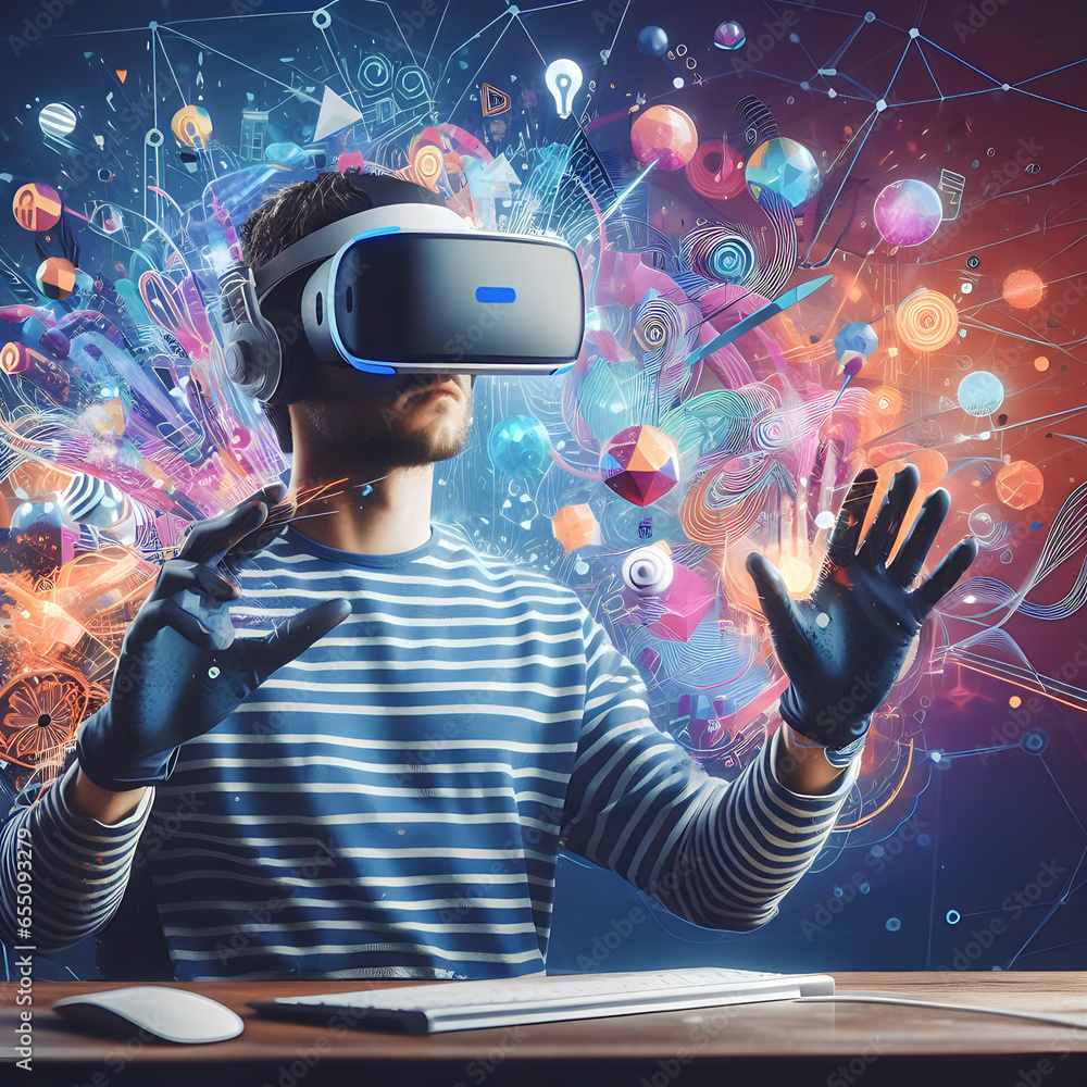Poster man exploring a virtual world using augmented reality vr glasses.