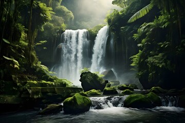 A breathtaking shot of a cascading waterfall surrounded by lush, tropical foliage.