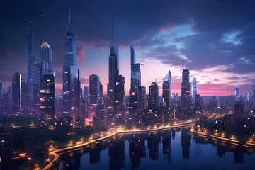A dynamic cityscape at twilight, with city lights shimmering in the evening sky.