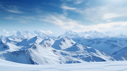 Obraz premium Under a brilliant blue sky, a spectacular snow-covered mountain range, with the sun creating lengthy shadows on the gleaming slopes.