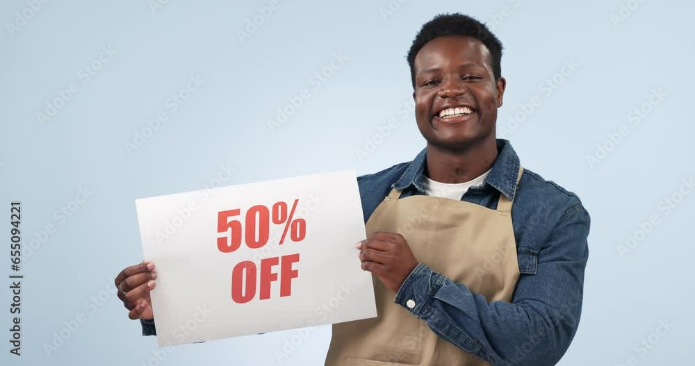 Sticker Happy black man, billboard and discount price on special promotion against a studio background. Portrait of African male person or employee smile with poster for deal, store promo or advertising sale