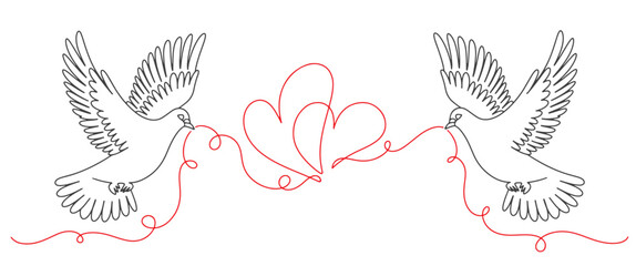 Dove with a heart line art vector illustration. Dove with heart in simple linear style. Valentine Day. Linne art vector illustration of dove with love
