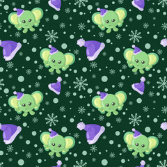 Funny kawaii Christmas celebration elephant seamless pattern background. Colored holiday endless flat vector backdrop animal tracery for fabric, cloth, print, backsplash, textile or wrapping paper	