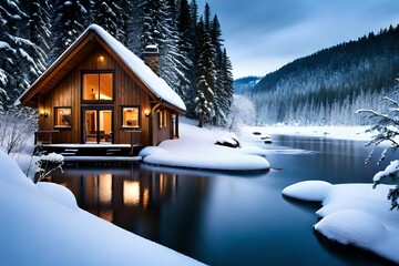 A quaint wooden cabin nestled in the woods, covered in a fresh blanket of snow.