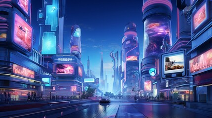 futuristic night cityscape with illuminated billboards - advertising concept