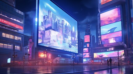 futuristic night cityscape with illuminated billboards - advertising concept - obrazy, fototapety, plakaty