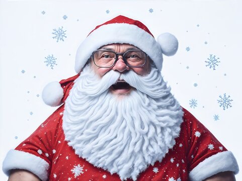 Un alegre Papá Noel con mejillas sonrosadas y una gran barba blanca, rodeado por una ráfaga de copos de nieve sobre un fondo blanco nítido.